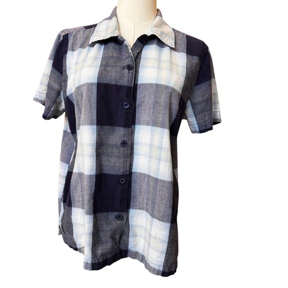 Lemon Grass Tops - Lemon Grass Women's Blue White Plaid Block Check Button Down Shirt Top Size M